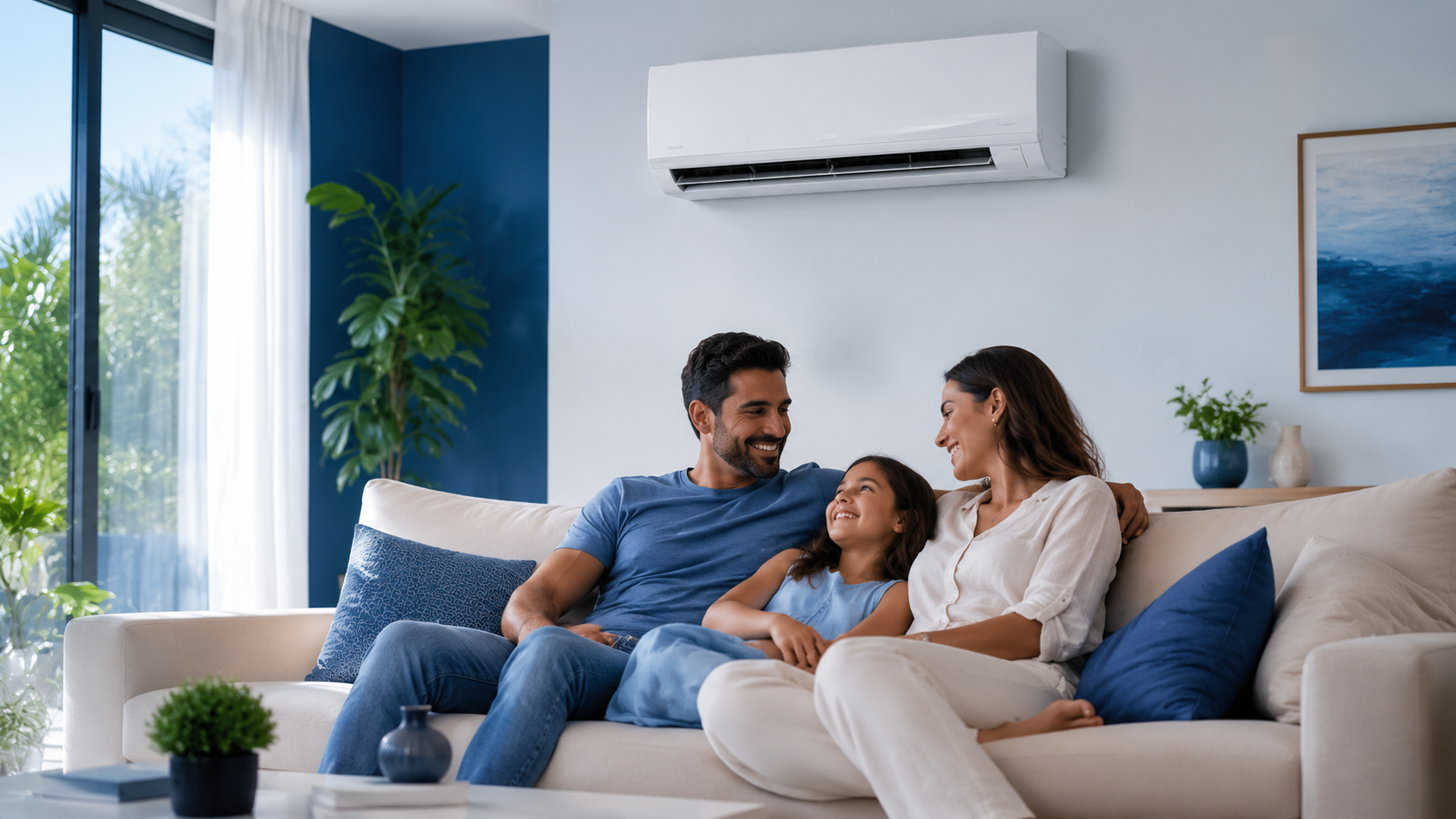 Familia em sala climatizada